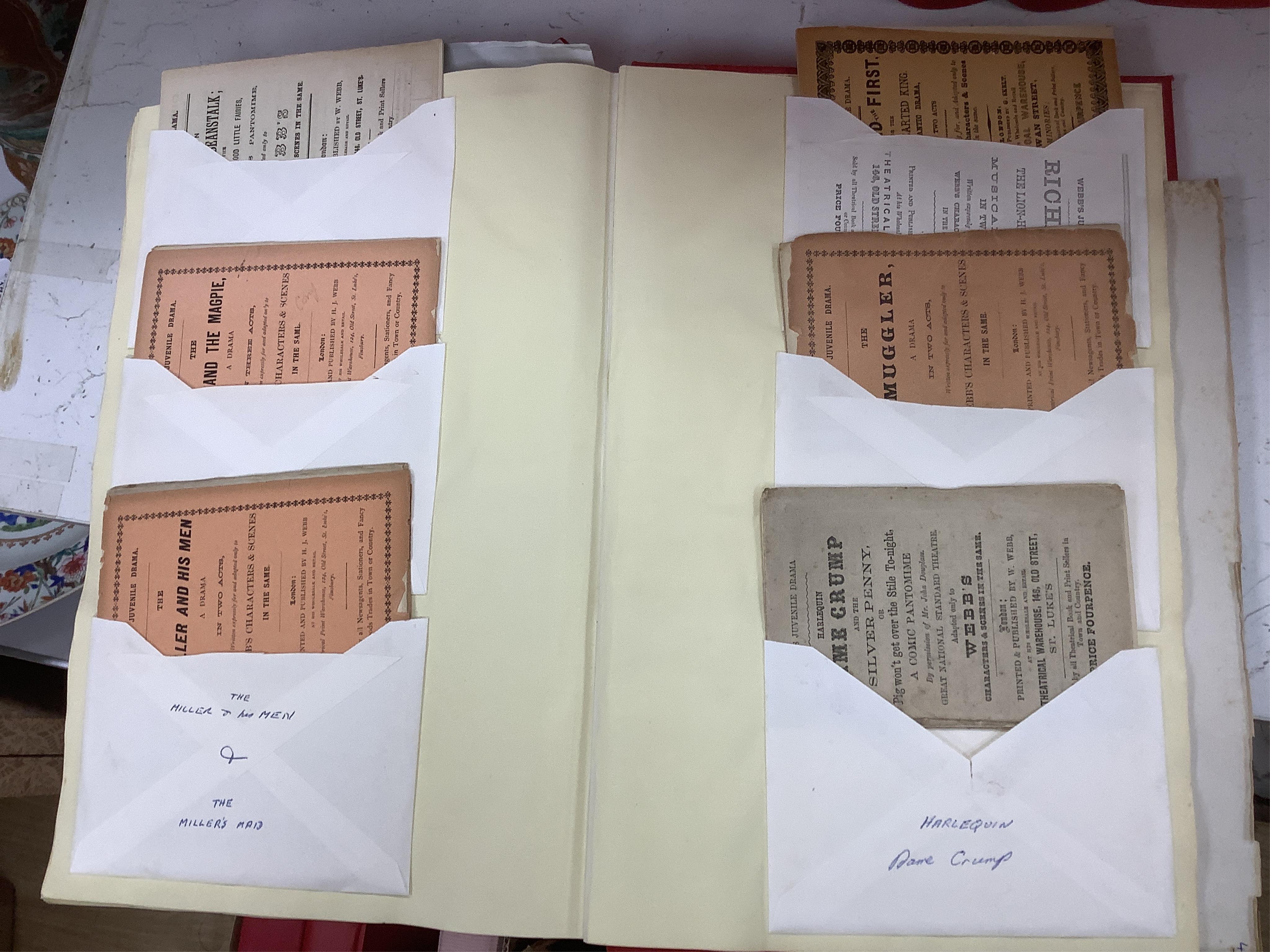 Juvenile dramas, toy theatre archive, including Webb, H. Matthews, Jack Yeats, W. Webb, J. K. Green, Keen and co-, West, O. Hodgson, Packets Gage, hand coloured large scenes, characters, scenes portraits etc. pasted in n